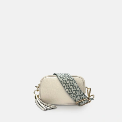 Shop Apatchy London The Mini Tassel Stone Leather Phone Bag With Pistachio Cross-stitch Strap In White