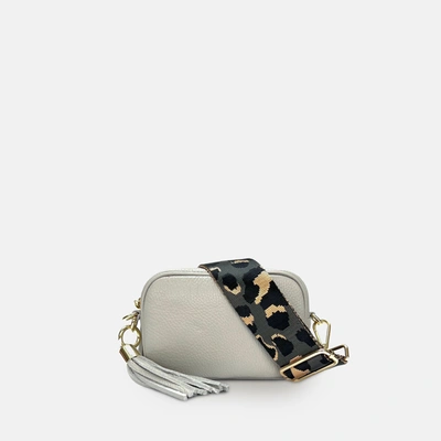 Shop Apatchy London The Mini Tassel Light Grey Leather Phone Bag With Grey Leopard Strap
