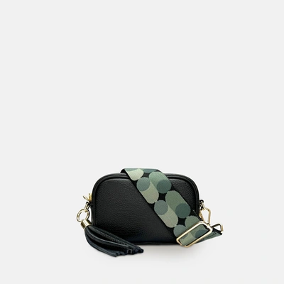 Shop Apatchy London The Mini Tassel Black Leather Phone Bag With Pistachio Pills Strap