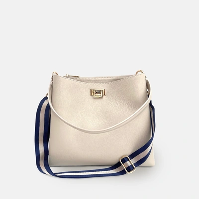 Shop Apatchy London Stone Leather Tote Bag With Navy & Gold Stripe Strap In White