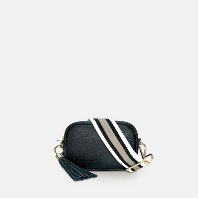 Shop Apatchy London The Mini Tassel Black Leather Phone Bag With Latte Stripe Strap