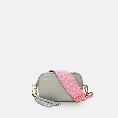 Shop Apatchy London The Mini Tassel Light Grey Leather Phone Bag With Neon Pink Cross-stitch Strap