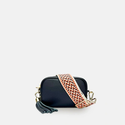 Shop Apatchy London The Mini Tassel Navy Leather Phone Bag With Grey Boho Strap In Blue