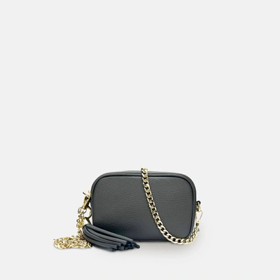 Shop Apatchy London The Mini Tassel Dark Grey Leather Phone Bag With Gold Chain Crossbody Strap