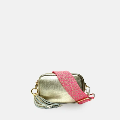 Shop Apatchy London The Mini Tassel Gold Leather Phone Bag With Neon Pink Cross-stitch Strap