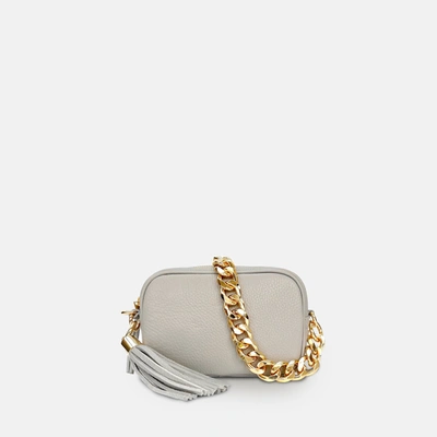 Shop Apatchy London The Mini Tassel Light Grey Leather Phone Bag With Gold Chain Strap