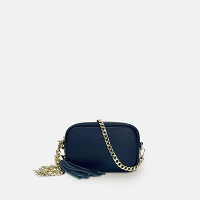 Shop Apatchy London The Mini Tassel Navy Leather Phone Bag With Gold Chain Crossbody Strap In Blue
