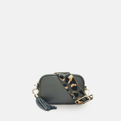 Shop Apatchy London The Mini Tassel Dark Grey Leather Phone Bag With Grey Leopard Strap