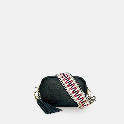 Shop Apatchy London The Mini Tassel Black Leather Phone Bag With Red & Black Zigzag Strap