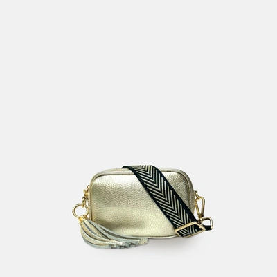 Shop Apatchy London The Mini Tassel Gold Leather Phone Bag With Black & Gold Chevron Strap