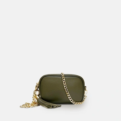Shop Apatchy London The Mini Tassel Olive Green Leather Phone Bag With Gold Chain Crossbody Strap