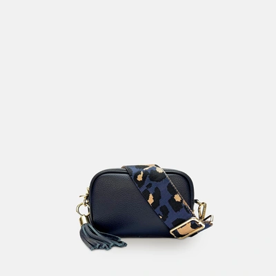 Shop Apatchy London The Mini Tassel Navy Leather Phone Bag With Navy Leopard Strap In Blue