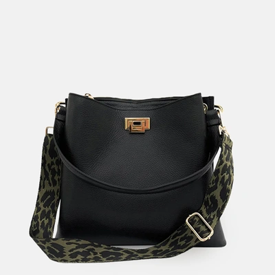 Shop Apatchy London Black Leather Tote Bag With Olive Green Cheetah Strap