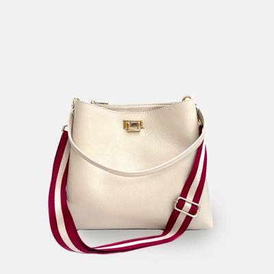 Shop Apatchy London Stone Leather Tote Bag With Red & Gold Stripe Strap In White