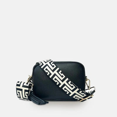 Apatchy London The Mini Tassel Black Leather Phone Bag With Black & Stone Maze Strap In Black