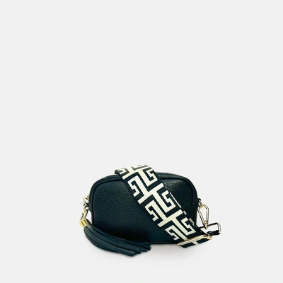 Shop Apatchy London The Mini Tassel Black Leather Phone Bag With Black & Stone Maze Strap