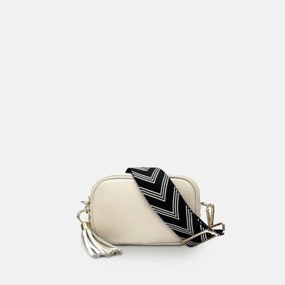 Shop Apatchy London The Mini Tassel Stone Leather Phone Bag With Black & Stone Arrow Strap In White