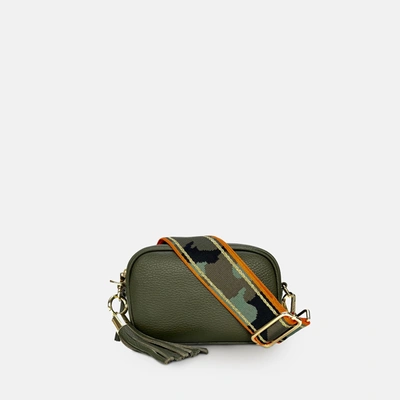 Shop Apatchy London The Mini Tassel Olive Green Leather Phone Bag With Orange & Gold Stripe Camo Strap