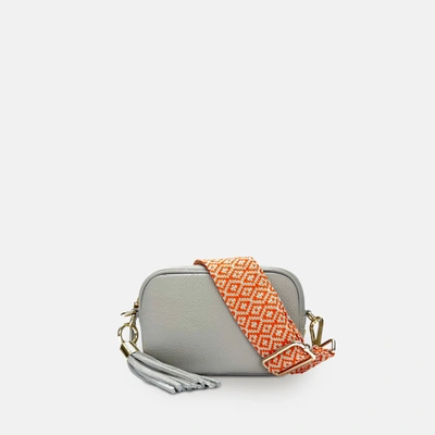 Shop Apatchy London The Mini Tassel Light Grey Leather Phone Bag With Orange Cross-stitch Strap