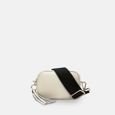 Shop Apatchy London The Mini Tassel Stone Leather Phone Bag With Plain Khaki Strap In White