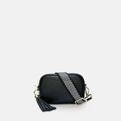 Shop Apatchy London The Mini Tassel Black Leather Phone Bag With Black & Silver Chevron Strap