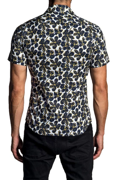 Shop Jared Lang Trim Fit Floral Print Short Sleeve Button-up Shirt In White - Navy