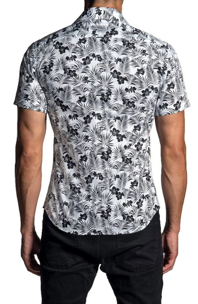 Shop Jared Lang Trim Fit Tropical Print Short Sleeve Button-up Shirt In White - Black