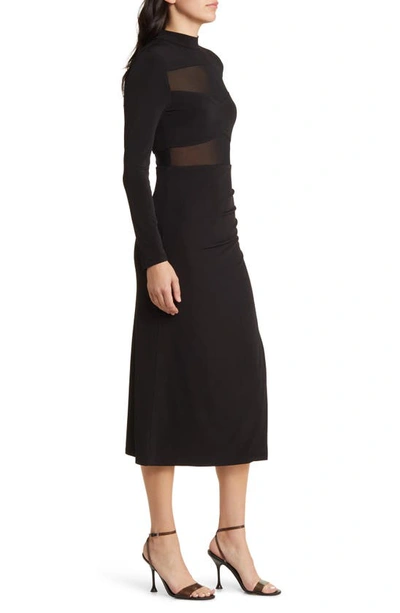 Shop Floret Studios Mesh Panel Long Sleeve Midi Dress In Black