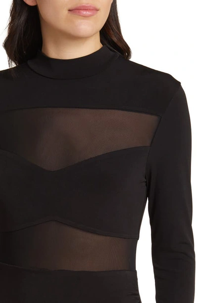 Shop Floret Studios Mesh Panel Long Sleeve Midi Dress In Black