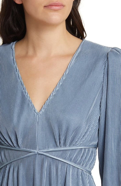 Shop Floret Studios Pleated Long Sleeve Minidress In Blue