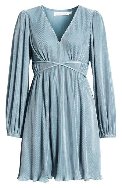 Shop Floret Studios Pleated Long Sleeve Minidress In Blue