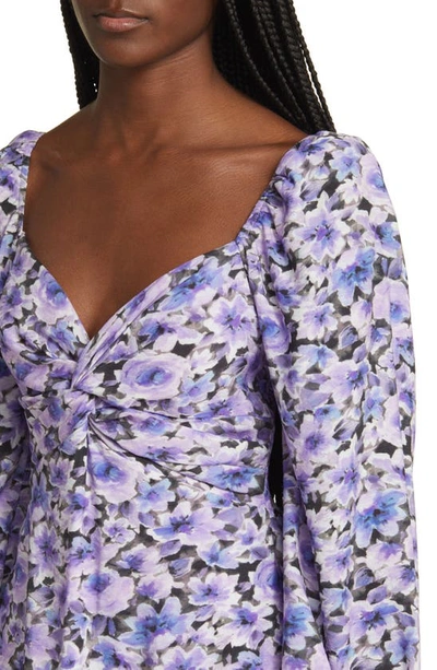Shop Floret Studios Floral Twist Front Long Sleeve Minidress In Purple Charcoal