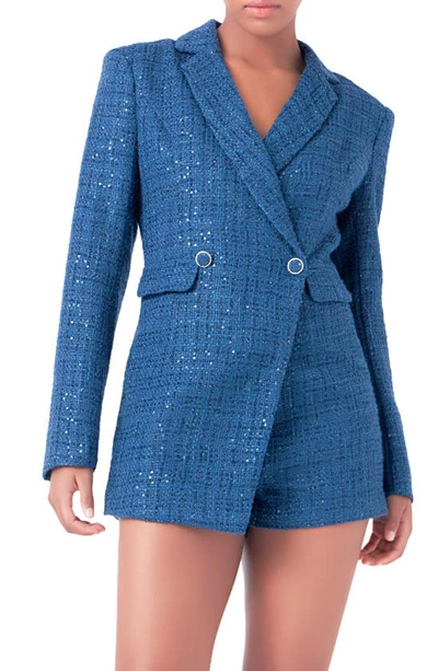 Endless Rose Premium Sequin Tweed Long Sleeve Blazer Minidress In Teal