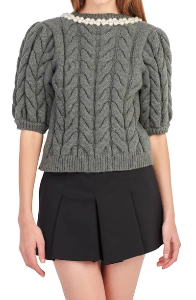 Endless Rose Imitation Pearl Trim Sweater In Charcoal