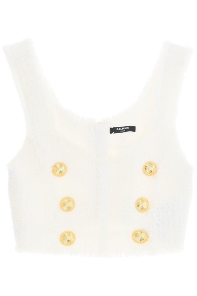 Shop Balmain Cropped Tank Top In Monochrome Tweed Women In White