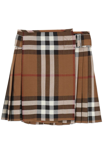 Shop Burberry Exaggerated Check Pleated Wool Mini Skirt Women In Brown