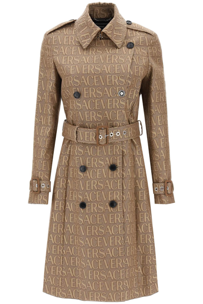 Shop Versace ' Allover' Double-breasted Trench Coat Women In Cream