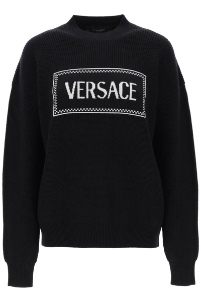 Shop Versace Crew-neck Sweater With Logo Inlay Women In Black