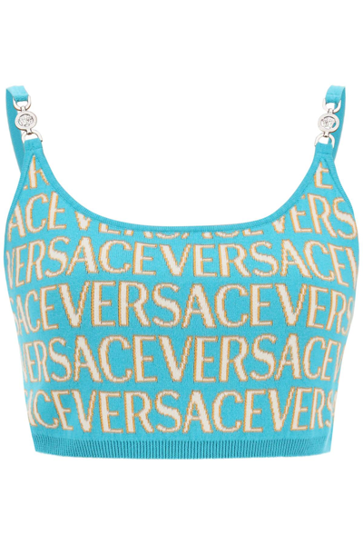 Shop Versace Monogram Knit Crop Top Women In Blue