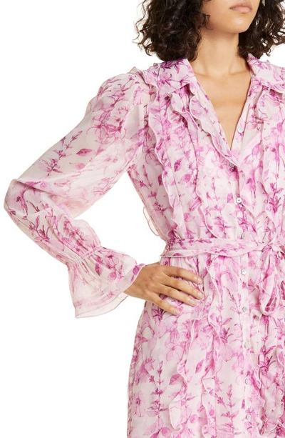 Shop Cinq À Sept Estelle Floral Print Ruffle Shirtdress In Vibrant Plum