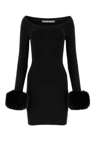 Shop Alexander Wang Round Neck Fur Trimmed Dress In Black