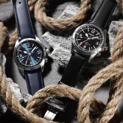 Pre-owned Seiko Presage Spb377j1 Alpinist Blue Dial Gmt Leather 200m Automatic Watch