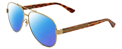 Pre-owned Gucci Gg0528s Unisex Aviator Polarized Bifocal Sunglass Gold Tortoise 63mm 41opt In Blue Mirror