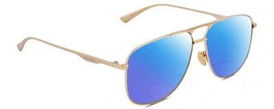 Pre-owned Gucci Gg0336s Unisex Square Polarized Bifocal Reading Sunglasses Gold 60mm 41opt In Blue Mirror