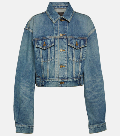 Shop Saint Laurent 80's Cropped Denim Jacket In Blue