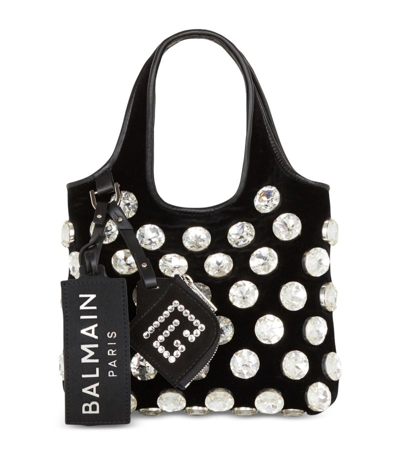 Shop Balmain Small Embellished Velvet Grocery Tote Bag In Black