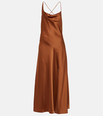 Shop Polo Ralph Lauren Asymmetric Satin Maxi Dress In Brown