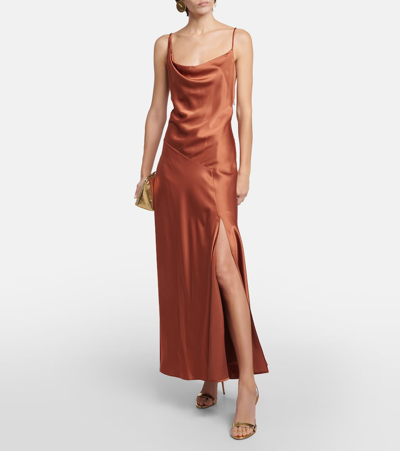 Shop Polo Ralph Lauren Asymmetric Satin Maxi Dress In Brown