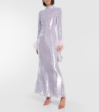 Shop Self-portrait Feather-trimmed Sequined Gown In Purple