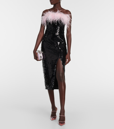 Shop Self-portrait Feather-trimmed Sequined Midi Dress In Black